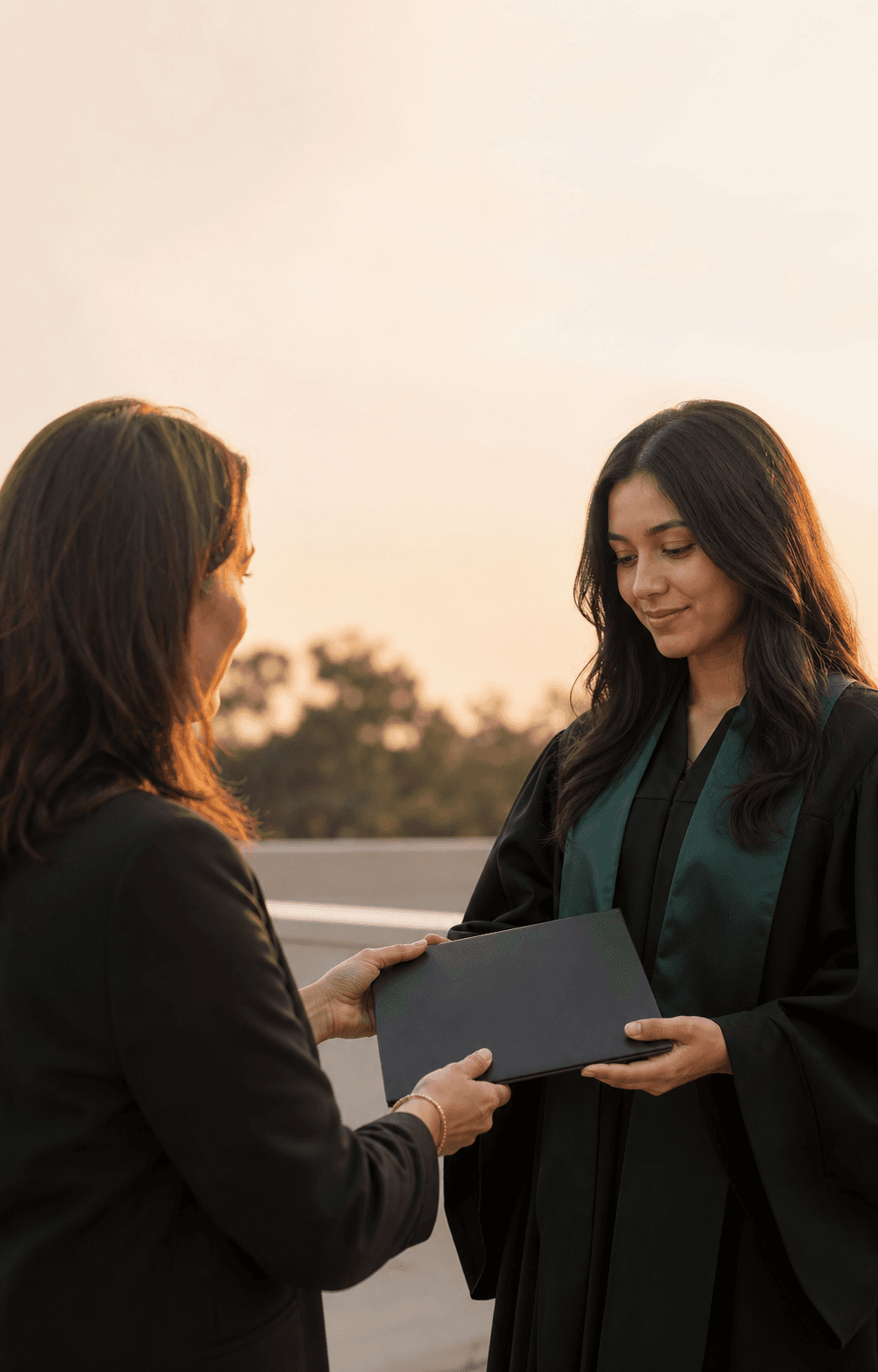 A teenager in a graduation gown receiving a diploma at the ceremony.