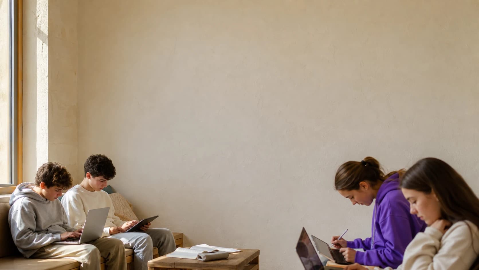 Teenagers studying during a break beneath a sunlit blank wall.